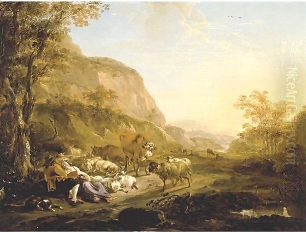 An Evening Landscape With A Couple Resting Below A Tree Surrounded By Cattle, Goats And Sheep - view 1