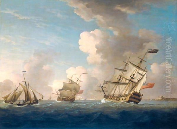 British Men Of War Of The Red Squadron And Other Shipping At Sea In A Light Breeze - view 1