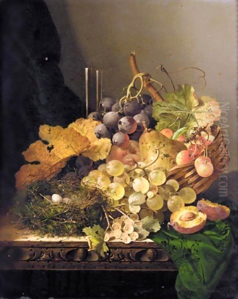 Still Life With A Bird's Nest, Pear, Grapes, Cherries And A Plum And A Glass Vase On A Ledge - view 1