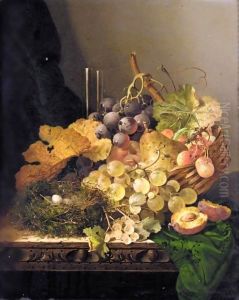 Still Life With A Bird's Nest, Pear, Grapes, Cherries And A Plum And A Glass Vase On A Ledge