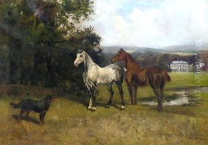 The Colonel's Horses And Collie With Huntroyde Hall Beyond by John Emms