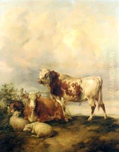 A Bull And Cow, Two Sheep And A Goat by Thomas Sidney Cooper