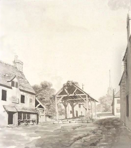 A town street with a church spire beyond - view 1