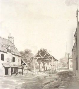 A town street with a church spire beyond by Rev. William Bree