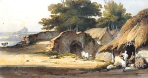 Indian Figures By A Hut With Cattle And A Bridge Nearby