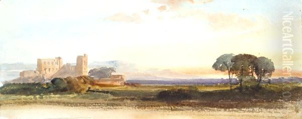 A castle with mountains beyond at sunset - view 1