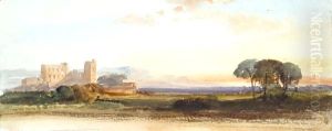 A castle with mountains beyond at sunset by William Leighton Leitch
