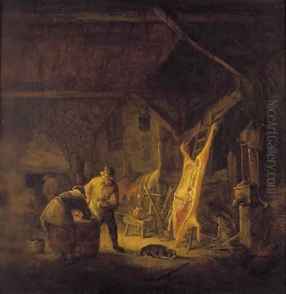 A Barn Interior With Peasants Standing Before A Hog Carcass, Other Figures Warming Themselves By A Fire Beyond - view 1