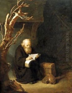 A Hermit Writing In His Book