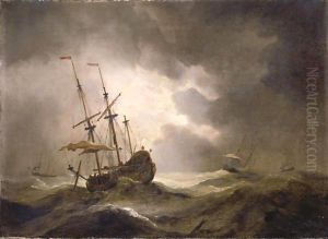 A Merchantman In A Storm, Three Other Ships On The Horizon by Willem van de Velde the Younger