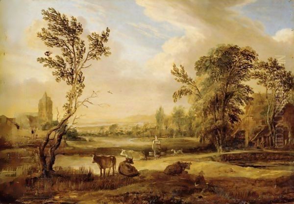 A Landscape With A Milkmaid And Cows, A Church Beyond - view 1