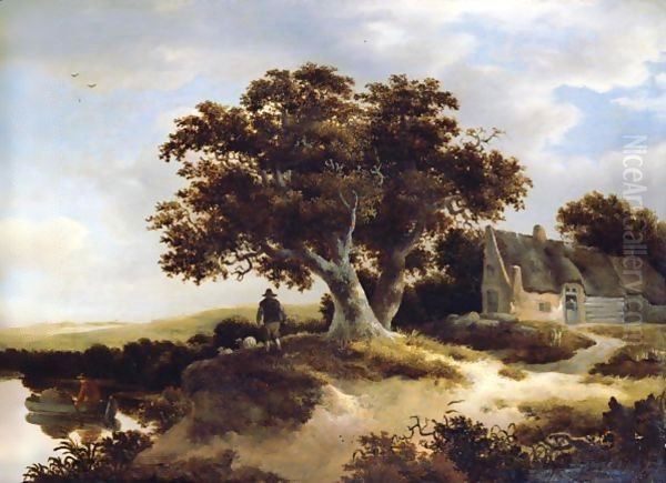 A Dune Landscape With A Drover And His Sheep Beneath A Pondside Oak, A Cottage To The Right - view 1