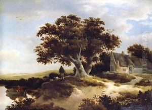 A Dune Landscape With A Drover And His Sheep Beneath A Pondside Oak, A Cottage To The Right