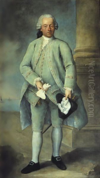 Portrait Of A Gentleman, Full-Length Standing, Wearing A Powder-Blue Costume And Holding A Tricorn Hat And Gloves, The Venetian Lagoon Beyond - view 1