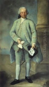 Portrait Of A Gentleman, Full-Length Standing, Wearing A Powder-Blue Costume And Holding A Tricorn Hat And Gloves, The Venetian Lagoon Beyond by Alessandro Longhi