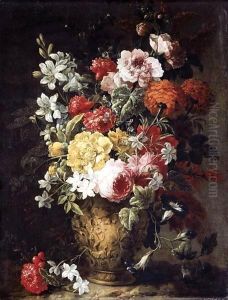 Still Life Of Flowers In A Carved Stone Vase