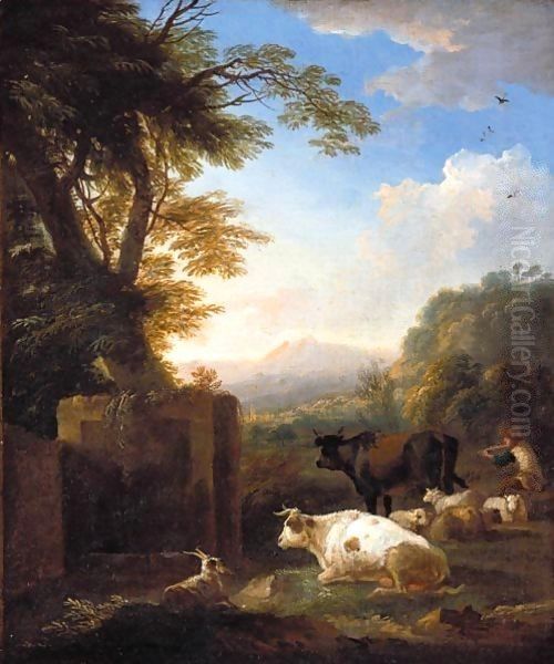 An Italianate Landscape With A Piping Herdsman Tending His Animals - view 1