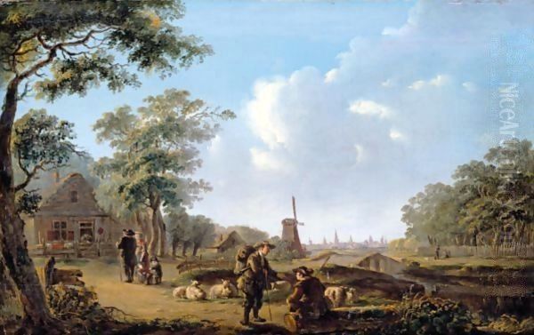 A Village Landscape With A Shepherd Conversing With A Traveller, A City Beyond - view 1