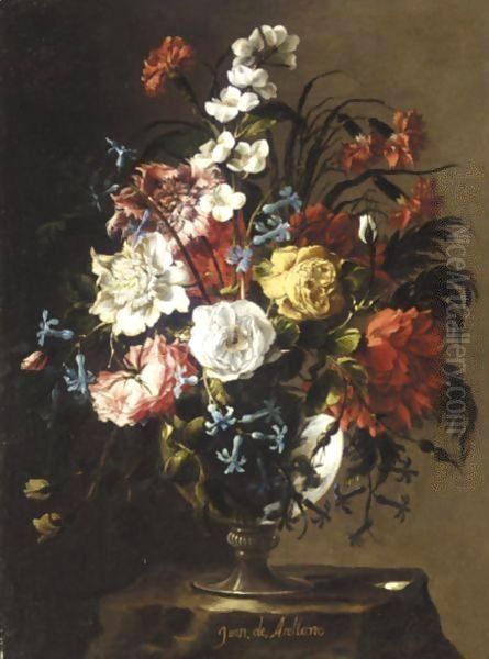 Still Life Of Roses, Carnations, Anemonies, Syringa, Peonies And Hyacinths In A Glass Vase, Upon A Stone Plinth - view 1