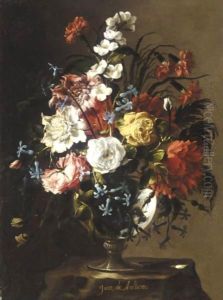 Still Life Of Roses, Carnations, Anemonies, Syringa, Peonies And Hyacinths In A Glass Vase, Upon A Stone Plinth