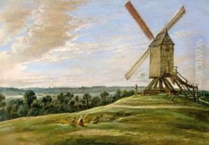 An Extensive Landscape With Shepherds And Their Flocks Beside A Windmill by Lucas Van Uden