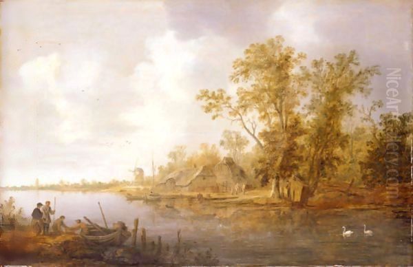 A River Landscape With A Moored Rowing Boat Being Unloaded, A Village And Windmill Beyond - view 1