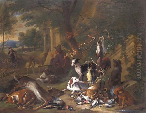 Still Life Of Game With A Huntsman Smoking A Pipe Together With His Hounds In A Landscape - view 1