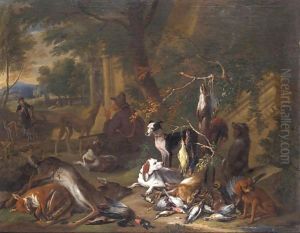 Still Life Of Game With A Huntsman Smoking A Pipe Together With His Hounds In A Landscape by Adriaen de Gryef