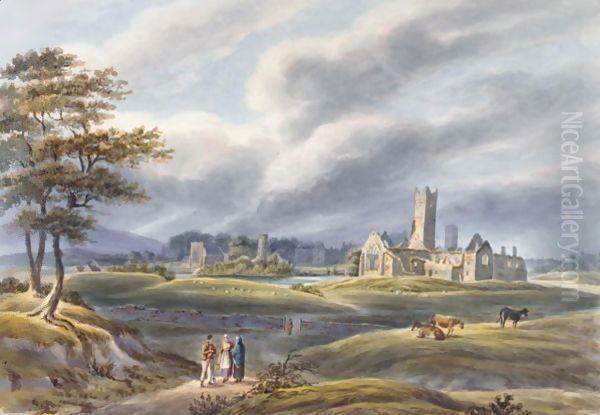 A landscape with figures and a church in the background - view 1