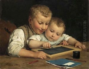 Two Children With A Slate Board, 1882 by Albert Anker