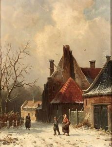 Villagers In The Snow by Adrianus Eversen