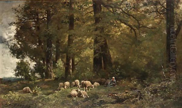 A Shepherdess With Her Flock In A Wooded Landscape - view 1