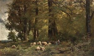 A Shepherdess With Her Flock In A Wooded Landscape by Charles Emile Jacque
