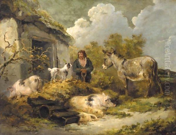 A Farm Boy With A Donkey, Pigs And A Sheep Dog - view 1