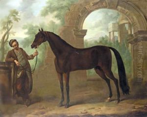 The Great Stallion, The Godolphin Arabian, In An Architectural Landscape Held By A Groom by John Wootton