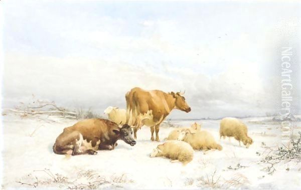 Sheep And Cattle In A Snowy Landscape - view 1