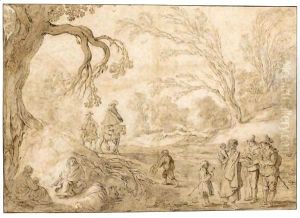 Wooded Landscape With Riders Approaching A Group Of Gypsies by Esaias Van De Velde