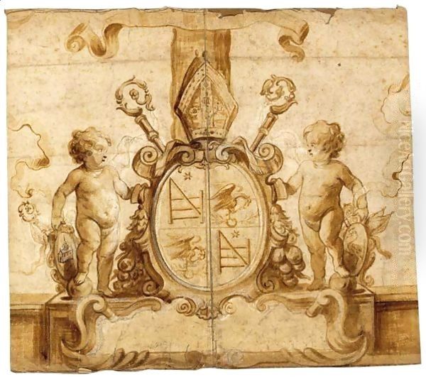 A Design With Putti Holding A Cartouche With A Coat-Of-Arms - view 1