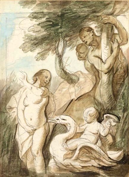 A Bathing Nymph Surprised By Satyrs, A Putto Riding A Swan Beside Her - view 1