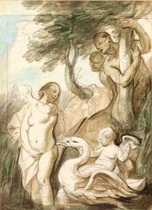 A Bathing Nymph Surprised By Satyrs, A Putto Riding A Swan Beside Her by Jacob Jordaens