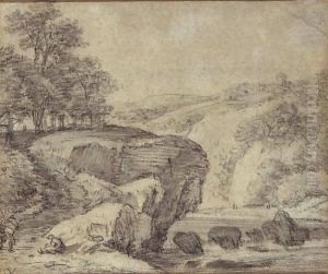 Rugged River Landscape With Travellers By Rapids by Simon De Vlieger