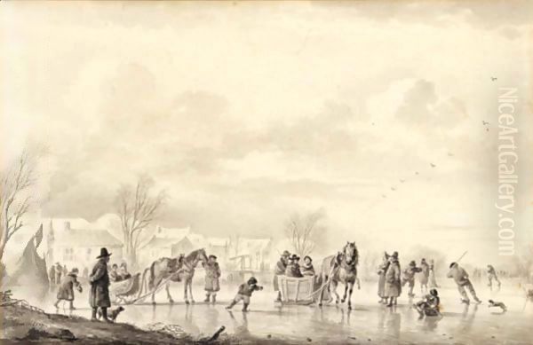 Winter Landscape With Skaters And Horse-Drawn Sledges On The Ice, A Village Beyond - view 1