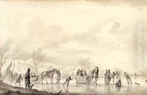 Winter Landscape With Skaters And Horse-Drawn Sledges On The Ice, A Village Beyond