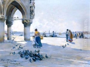 Feeding The Pigeons, Venice by Arcadio Mas Y Fondevila