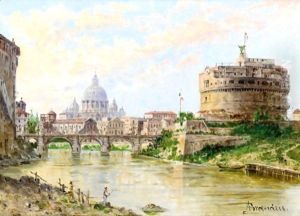 A View Of The Tiber With Castel Sant' Angelo And St Peter'S