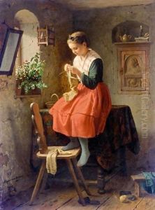 Girl Knitting By A Window