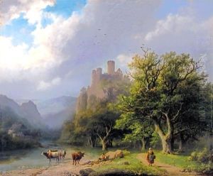 Landscape With A Castle, Figures And Cows by Barend Cornelis Koekkoek