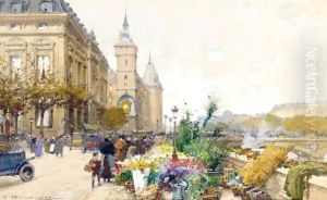 Le Marche Aux Fleurs Pres De La Conciergerie by Eugene Galien-Laloue