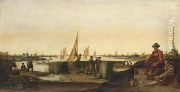 An Extensive River Landscape With Fishermen And Their Boats, A Couple With Their Ware In The Right Foreground - view 1