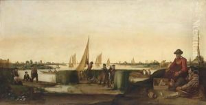 An Extensive River Landscape With Fishermen And Their Boats, A Couple With Their Ware In The Right Foreground by Arentsz van der Cabel